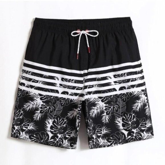 Black Vacation Style Men's Tropical Striped Print Swim Trunks - Picture 1 of 4